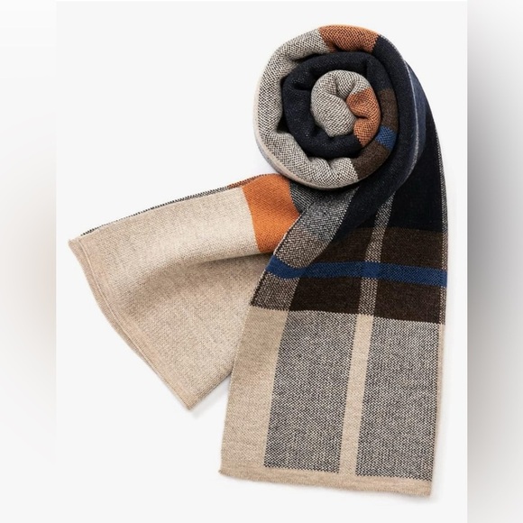 Villand Australian Merino Wool Tartan Knitted Scarf for Men Camel Orange Tartan - Picture 1 of 7